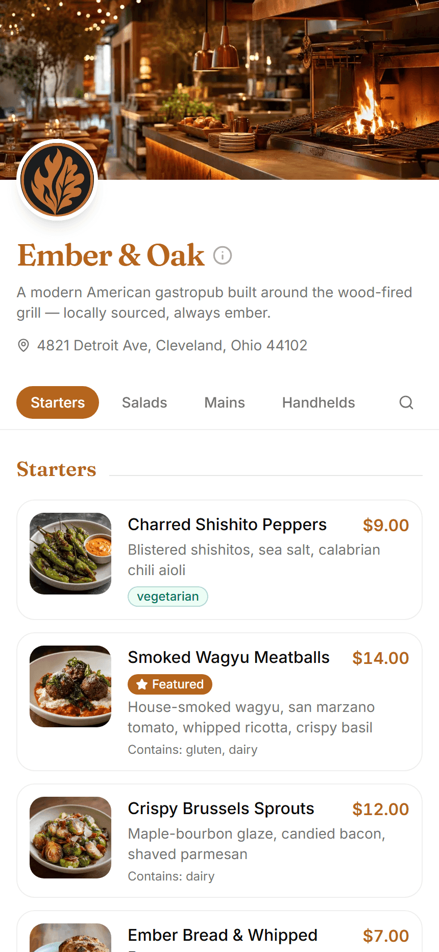 A live Taptiva digital menu, showing dish photos, prices, and category navigation
