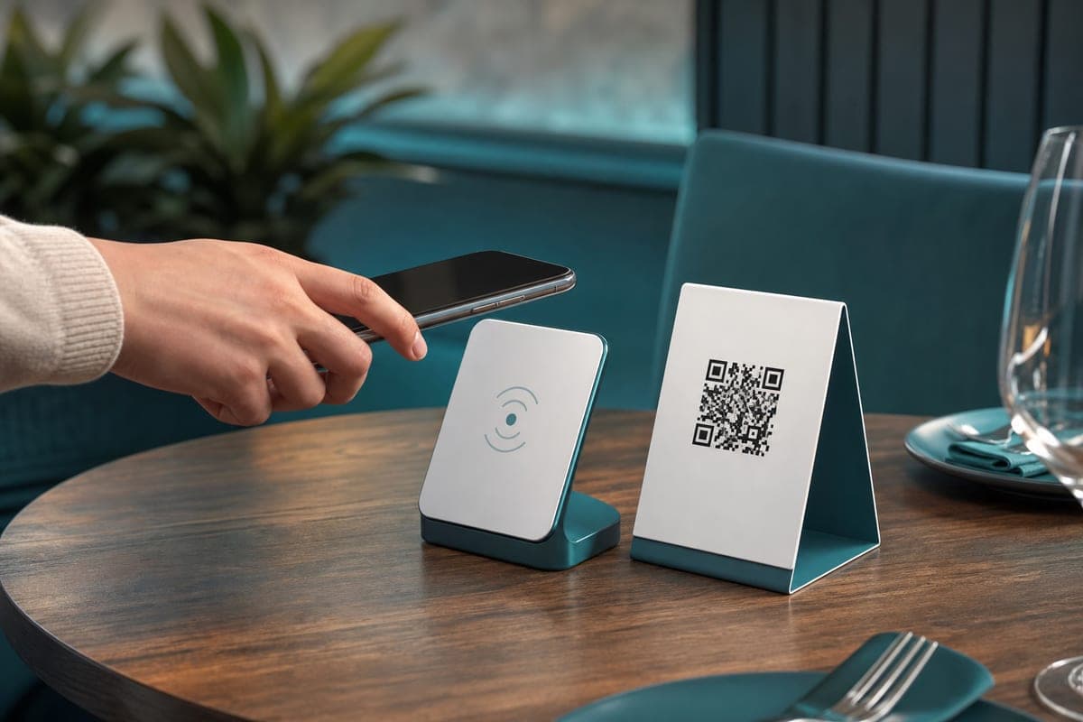 A customer tapping their phone on an NFC stand next to a printed QR code table card